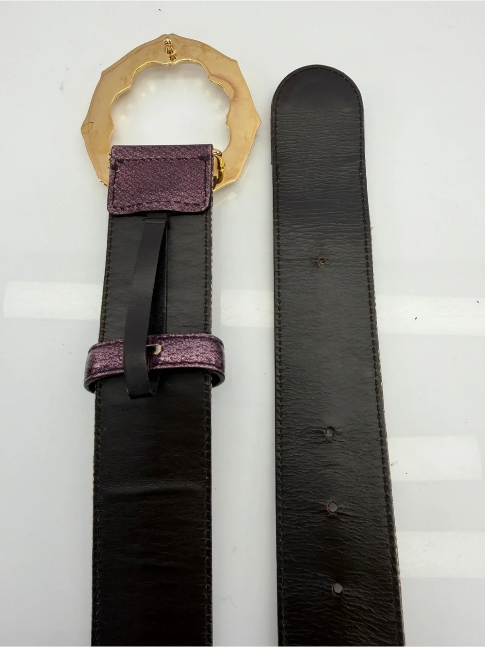 Gucci Vintage Bamboo GG Canvas Leather Waist Metallic Purple Belt 75/30
